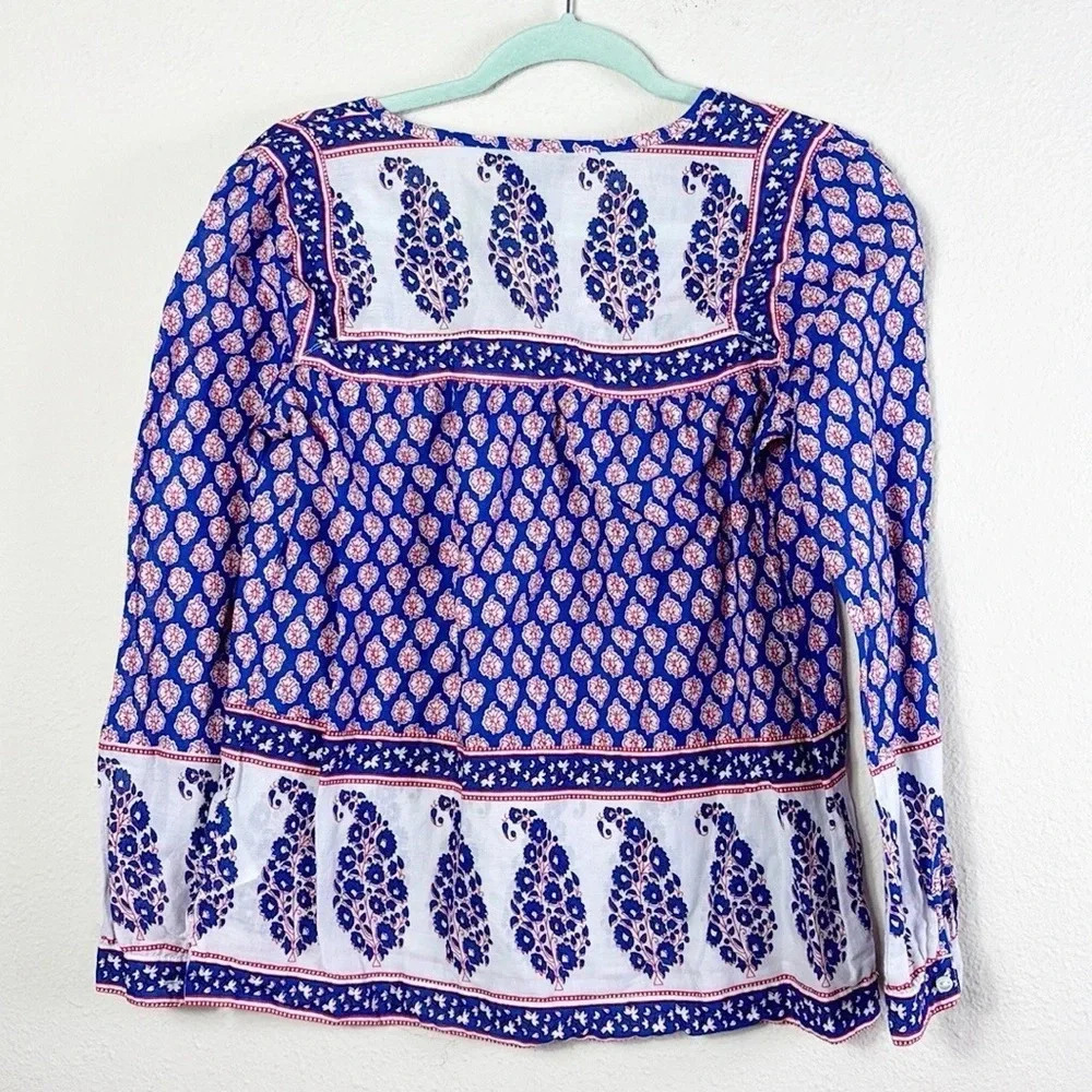 J. Crew French Country Peasant Red White Blue Paisley V-neck Top Blouse size 4 - Picture 4 of 10